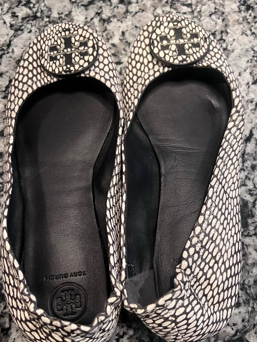 Tory Burch Black and White Pebble-Print Reva Flats
